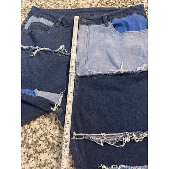 Women’s Blue Patchwork Flare Jeans XXL Multi-Color Denim High Waist Frayed Hem - Picture 5 of 7
